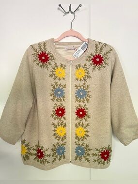 Frances Valentine Beige Floral Embroidered Cardigan Sweater NWT